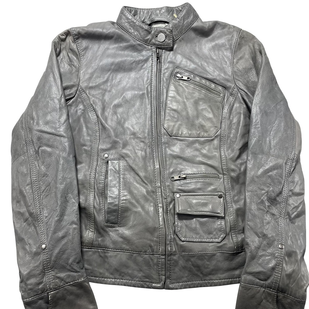 Black Rivet Jacket Womens Small Gray Leather Moto Full Zip Pockets Biker